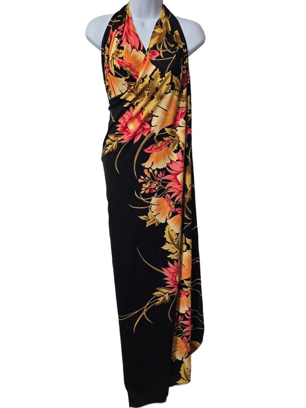 Vintage Hawaiian Sarong Wrap Dress OS One Size Tie Waist Halter Black Floral 80s